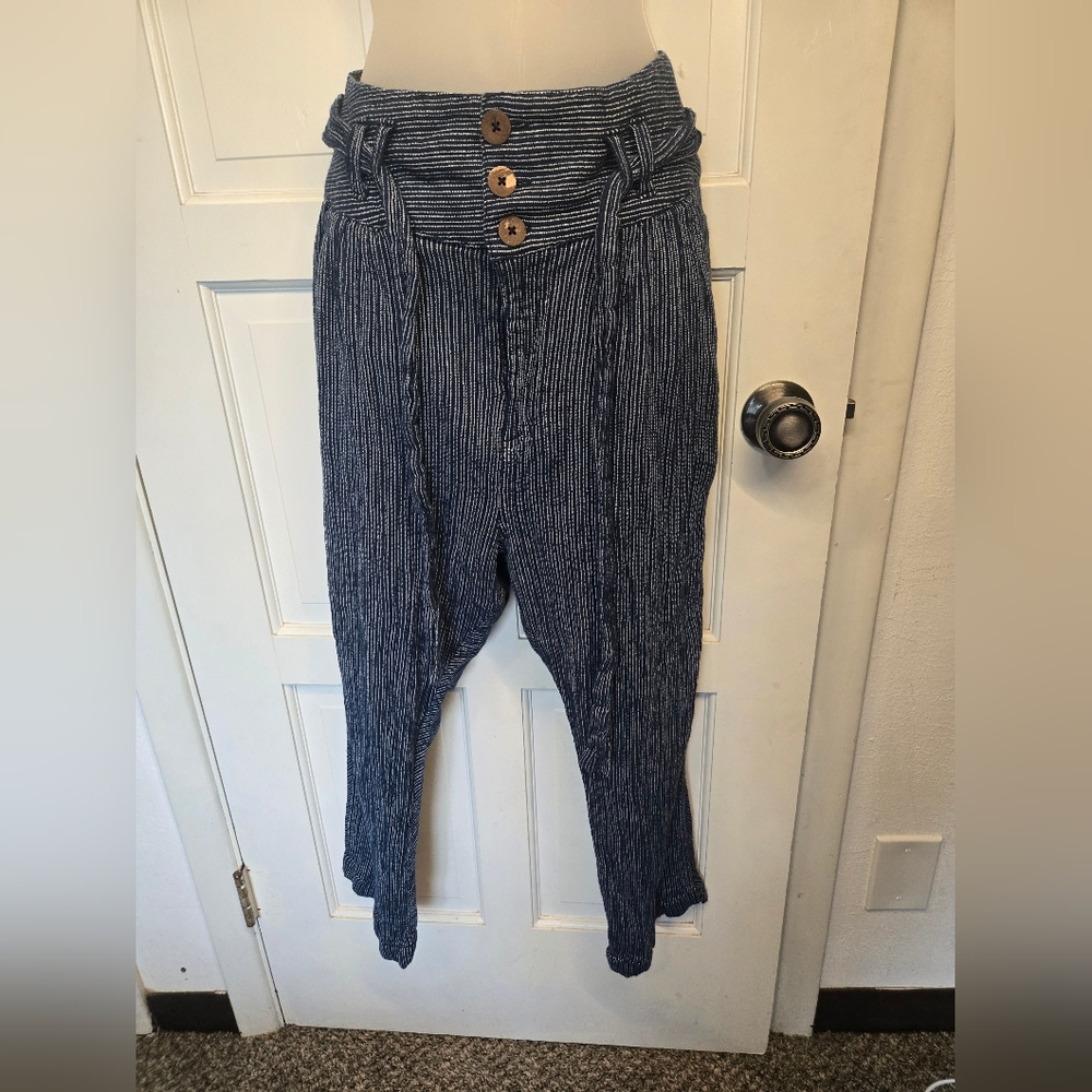 Free People Navy Striped High-Waist Paperbag Joggers